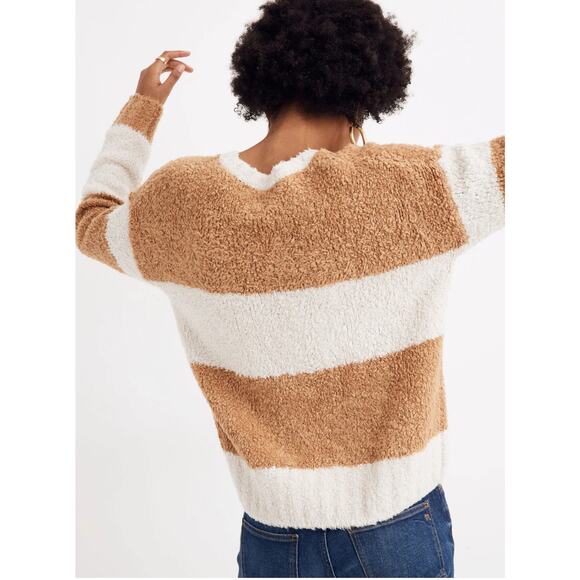 Madewell Teddy Striped Pullover Sweater XL Tan Cream Cozy Textured Knit Soft - Picture 2 of 10